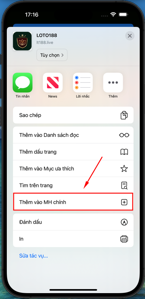 Ảnh minh họa bước 4: chọn Thêm vào Màn hình chính